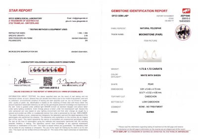 Certificate Pair of pear cut moonstones from Burma 3.45 ct