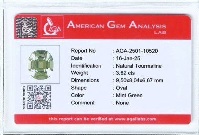 Certificate Minze turmalin verdelit ovalschliff 3,62 karat, Afrika