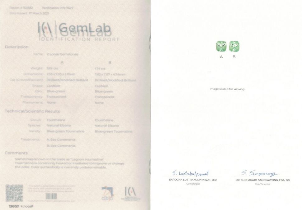 Certificate Pair of lagoon tourmalines, 3.60 ct, ICA