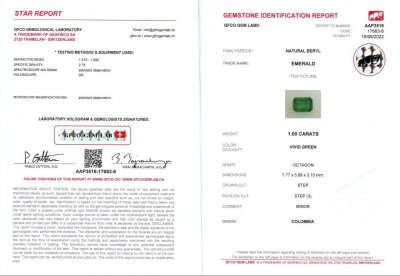 Certificate Colombian Octagon Emerald 1.00 ct
