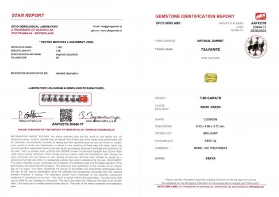 Certificate Yellowish green tsavorite garnet 1.06 ct