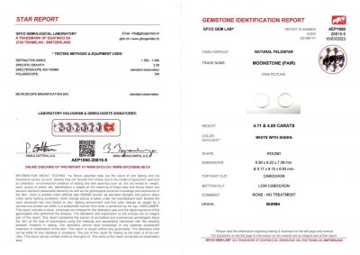 Certificate Pair of cabochon cut moonstones 8.11 ct, Burma