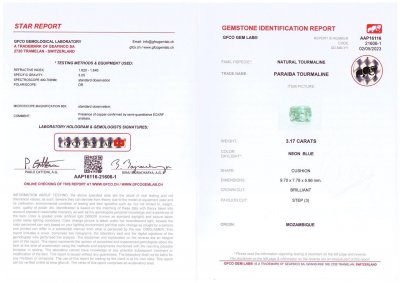 Certificate Intense greenish-blue tourmaline Paraiba from Mozambique 3.17 ct