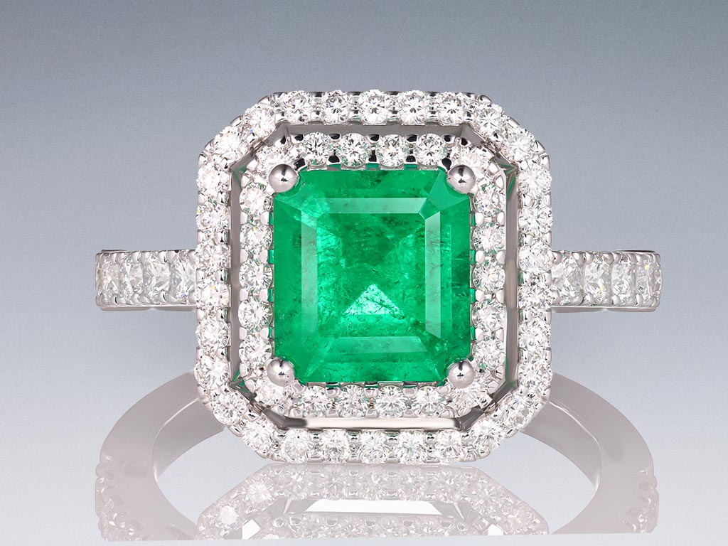 Ring with 1.85 carat Muzo Green emerald and diamonds in 18-carat white gold Image №1
