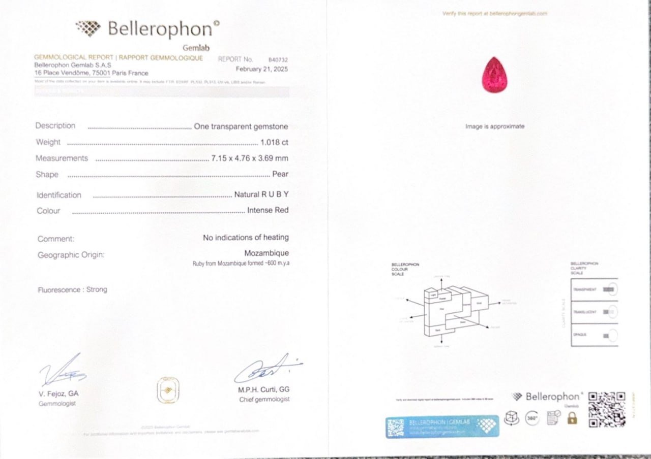 Rubis sang de pigeon non chauffé, taille poire, 1,01 carats, Mozambique  Image №6