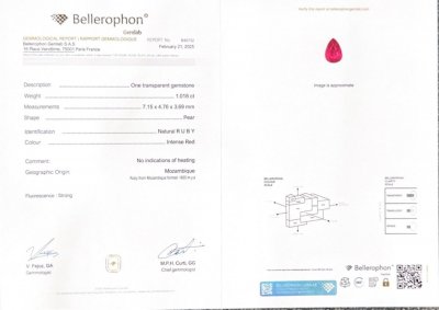 Certificate Rubis sang de pigeon non chauffé, taille poire, 1,01 carats, Mozambique 