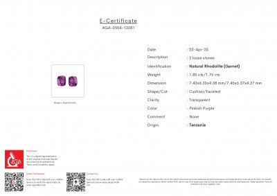Certificate Pair of rhodolite garnets cushion cut 3.56 carats, Tanzania