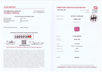 Certificate Tourmaline rubellite rose vif, taille octogonale 11,05 carats, Nigéria