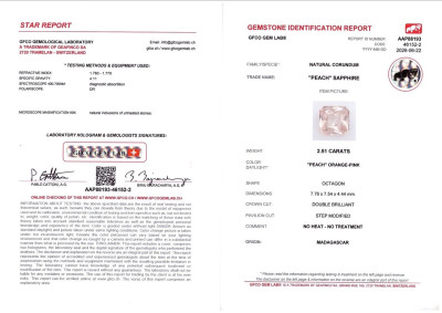 Certificate Non chauffé saphir pêche taille radiant de 2,51 carats, de Madagascar