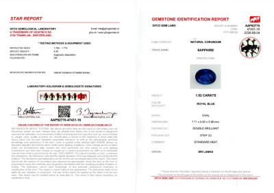 Certificate Sapphire Royal Blue oval cut 1.52 carats, Sri Lanka