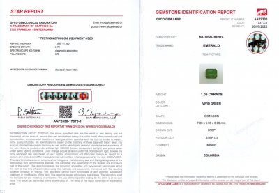 Certificate Colombian emerald 1.05 ct, Vivid Green