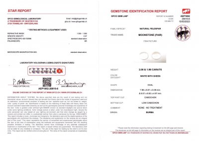 Certificate Pair of moonstones from Burma 3.98 ct