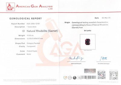 Certificate Grenat rhodolite taille octogonale 10,05 carats, Sri Lanka