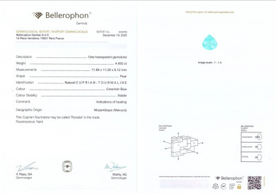 Certificate Neon-Pariba-turmalin im birnenschliff 4,49 karat, Mosambik