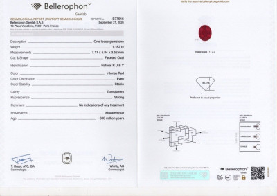 Certificate Rubis non chauffé Intense Red taille ovale 1,18 carat, Mozambique