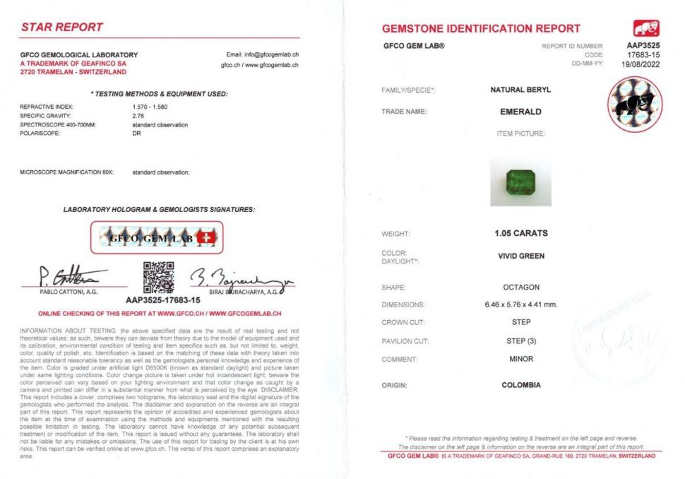 Certificate Colombian octagon emerald 1.05 ct