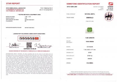 Certificate Intense Colombian emerald 1.56 ct, Vivid Green