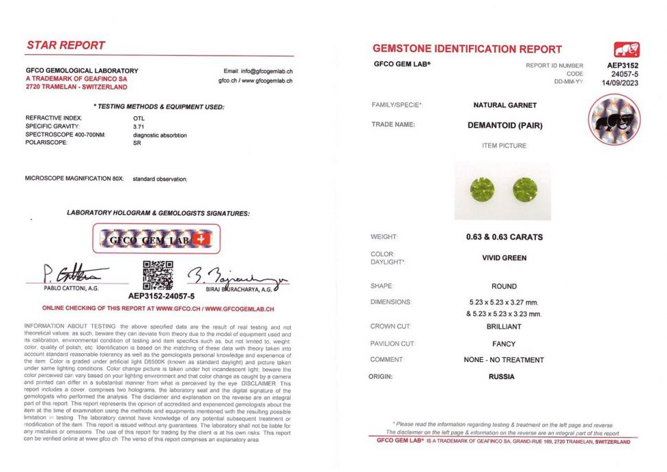 Certificate Pair of russian neon green demantoids 1.26 ct, Ural Mountains