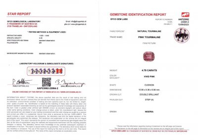 Certificate Purple pink cushion-cut tourmaline 4.78 carats, Nigeria