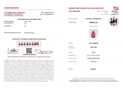 Certificate Rubellite rose taille poire 2,37 carats, Nigeria