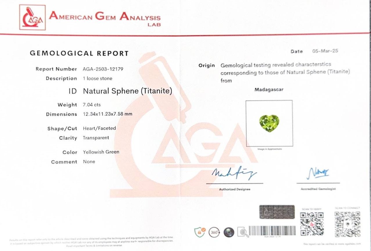 Gelbgrüner sphen im herzschliff 7,04 carats, Madagaskar Image №6