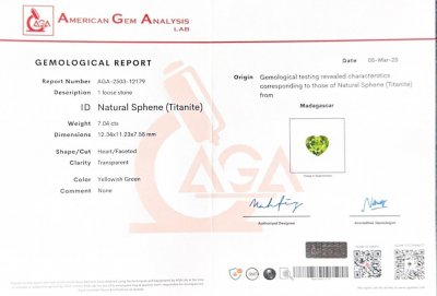 Certificate Gelbgrüner sphen im herzschliff 7,04 carats, Madagaskar