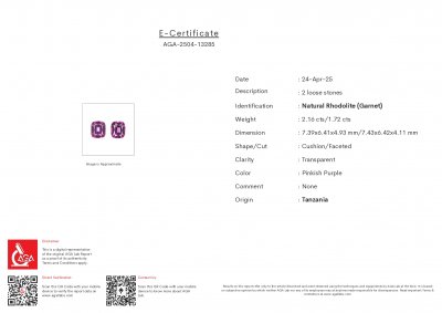 Certificate Pair of rhodolite garnets cushion cut 3.88 carats, Tanzania