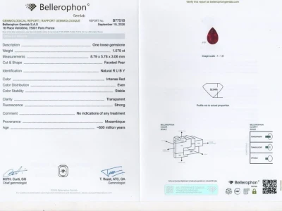 Certificate Unbehandelter Rubin Intense Red im birnen schliff 1,08 karat, Mosambik
