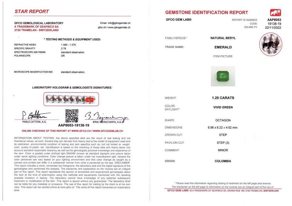 Certificate Intense octagon cut emerald 1.25 ct, Colombia