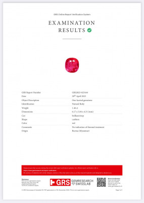 Certificate Rubí sin tratar, talla cojín 1,46 quilates, Birmania 
