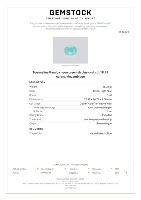 Certificate Neonfarbener, grünlich-blauer Paraíba turmalin im ovalschliff 18,72 karat, Mosambik