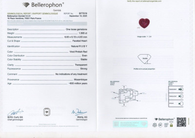 Certificate Rubis non chauffé, d'un rose-rouge vif taille en cœur 1,57 carat, Mozambique