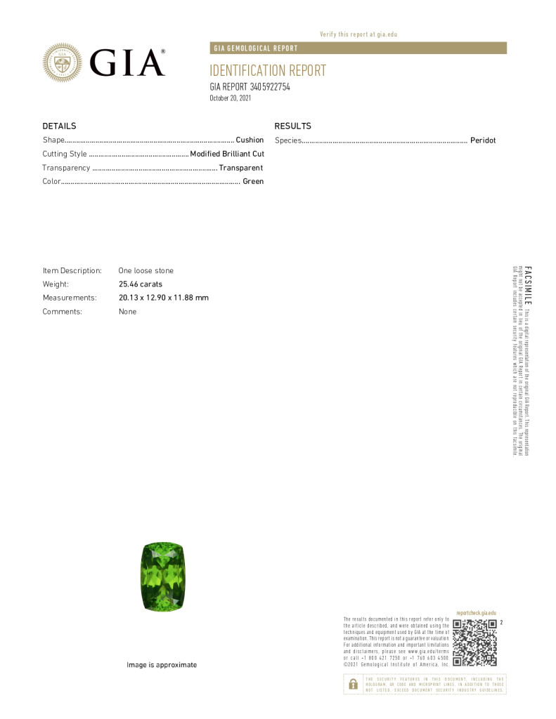 Large apple-green peridot in cushion cut  25.46 carats, Burma Image №6