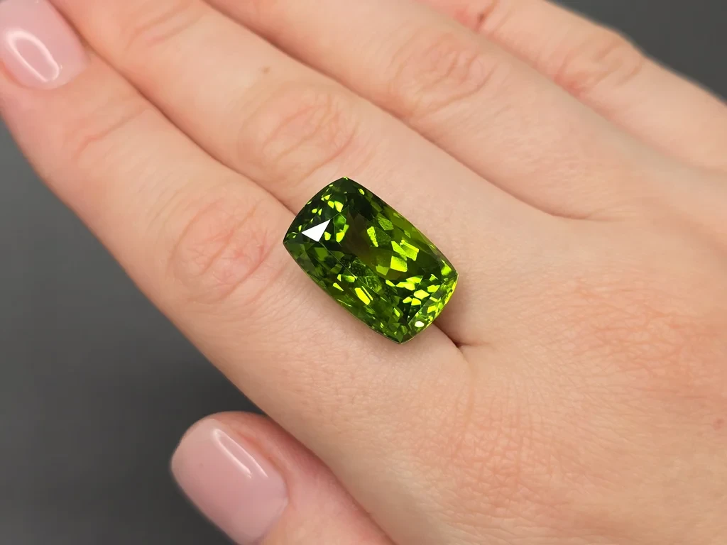 Large apple-green peridot in cushion cut  25.46 carats, Burma Image №2
