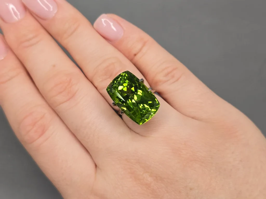 Large apple-green peridot in cushion cut  25.46 carats, Burma Image №5
