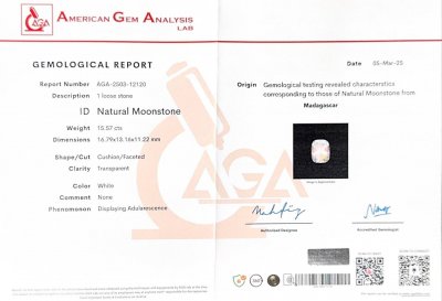 Certificate Large rainbow moonstone in cushion cut 15.57 carats, Madagascar