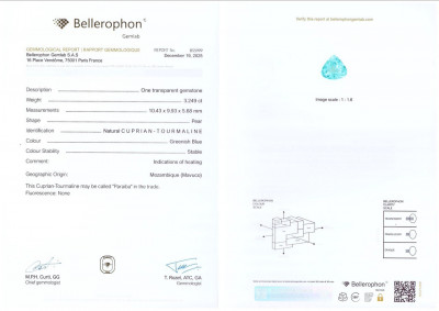 Certificate Pera de turmalina Neon Paraiba cortada 3,25 quilates, Mozambique