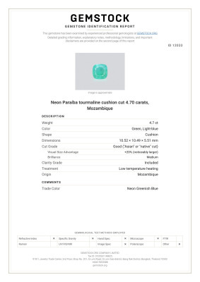 Certificate Tourmaline Paraíba  taille coussin, 4,70 carats, Mozambique