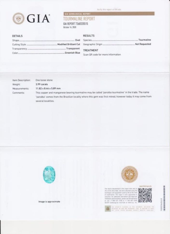 Certificate Pure blue Paraiba tourmaline 3.99 ct, GIA