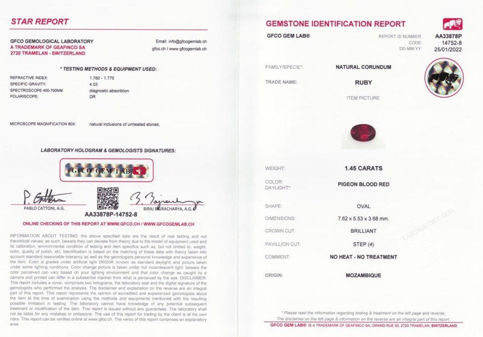 Certificate Pigeon's blood unheated oval ruby 1.45 ct, Mozambique