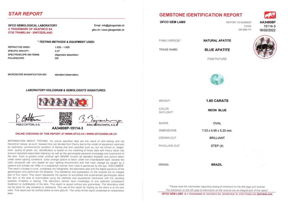 Certificate Neon blue oval cut apatite 1.60 ct, Brazil