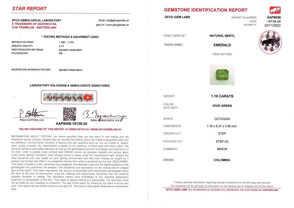 Certificate Itense Colombian emerald octagon cut 1.18 ct
