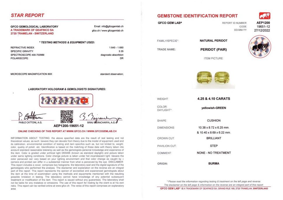 Certificate Pair of peridots from Burma 8.35 ct