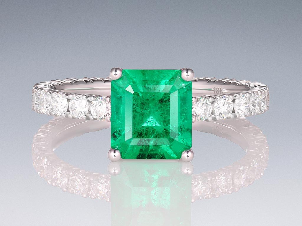Ring with Muzo Green emerald 1.62ct and diamonds in 18K white gold Image №1