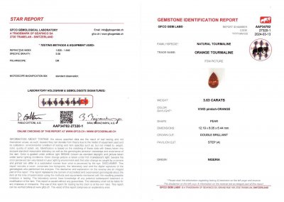 Certificate Tourmaline taille poire rouge-orangé intense 3,63 carats, Afrique