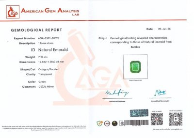 Certificate Émeraude taille octogonale 7,94 carats, Zambie 