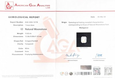 Certificate Piedra lunar arcoíris de talla radiante de 10,82 carats, Madagascar