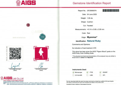 Certificate Rubí rojo sangre de paloma talla cojín sin tratar 1,06 quilates, Birmania 