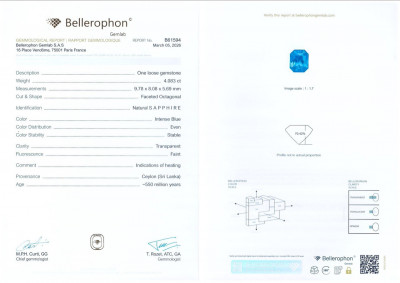 Certificate Saphir bleu taille radiant de 4,08 carats, Sri Lanka