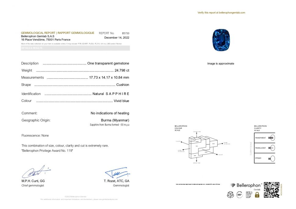 Certificate Unique Burmese unheated blue sapphire 24.79 ct, GRS